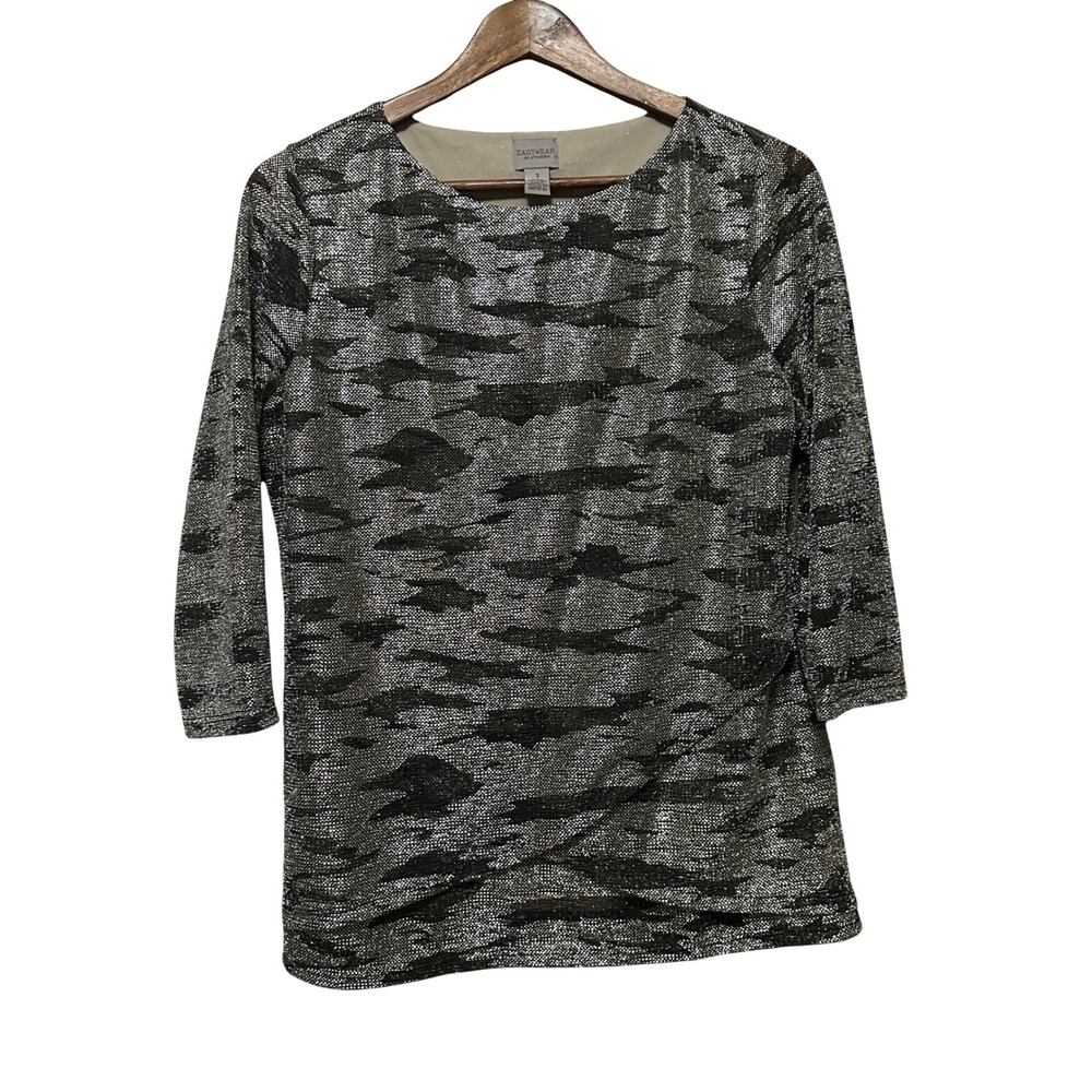 Easywear by Chico's Metallic Camo Top Women Size 1 Silver Black 3/4 Sleeves